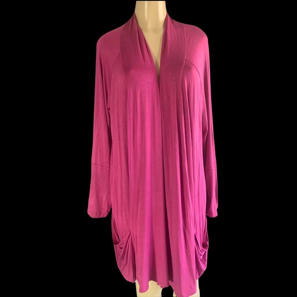LOGO Lori Goldstein Open Front Cocoon Cardigan Size 1X Slub Knit Draped Pockets